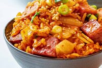 Spicy Kimchi Fried Rice with Crispy Spam