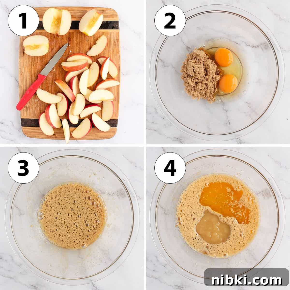 Moist Gluten-Free Apple Cake Recipe 4 Process Shot Collage: slicing the apples and mixing the wet ingredients.