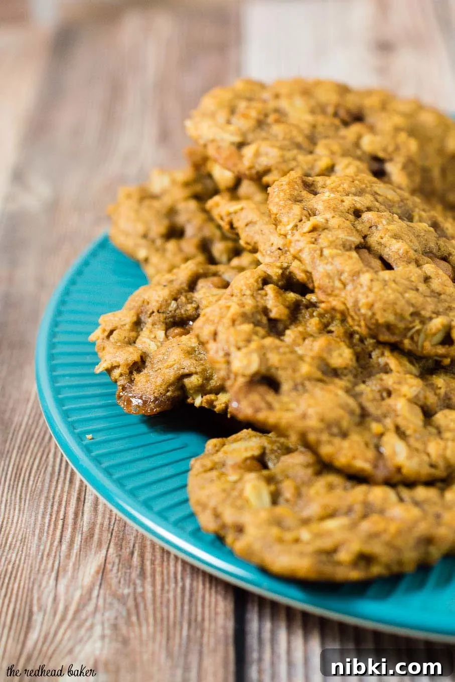 These chewy pumpkin oatmeal cookies are flavored with spices and nutty browned butter, and are loaded with caramel chips. #PumpkinWeek