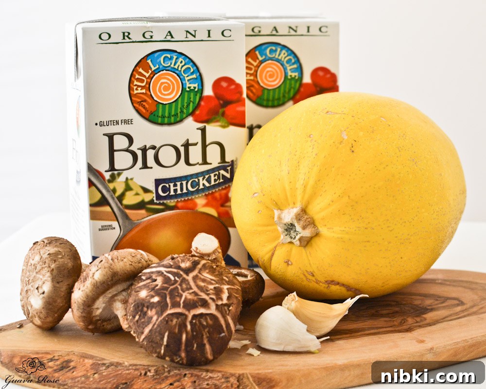 Chinese-Style Spaghetti Squash Soup Recipe 2 Broth, spaghetti squash, shiitakes, garlic