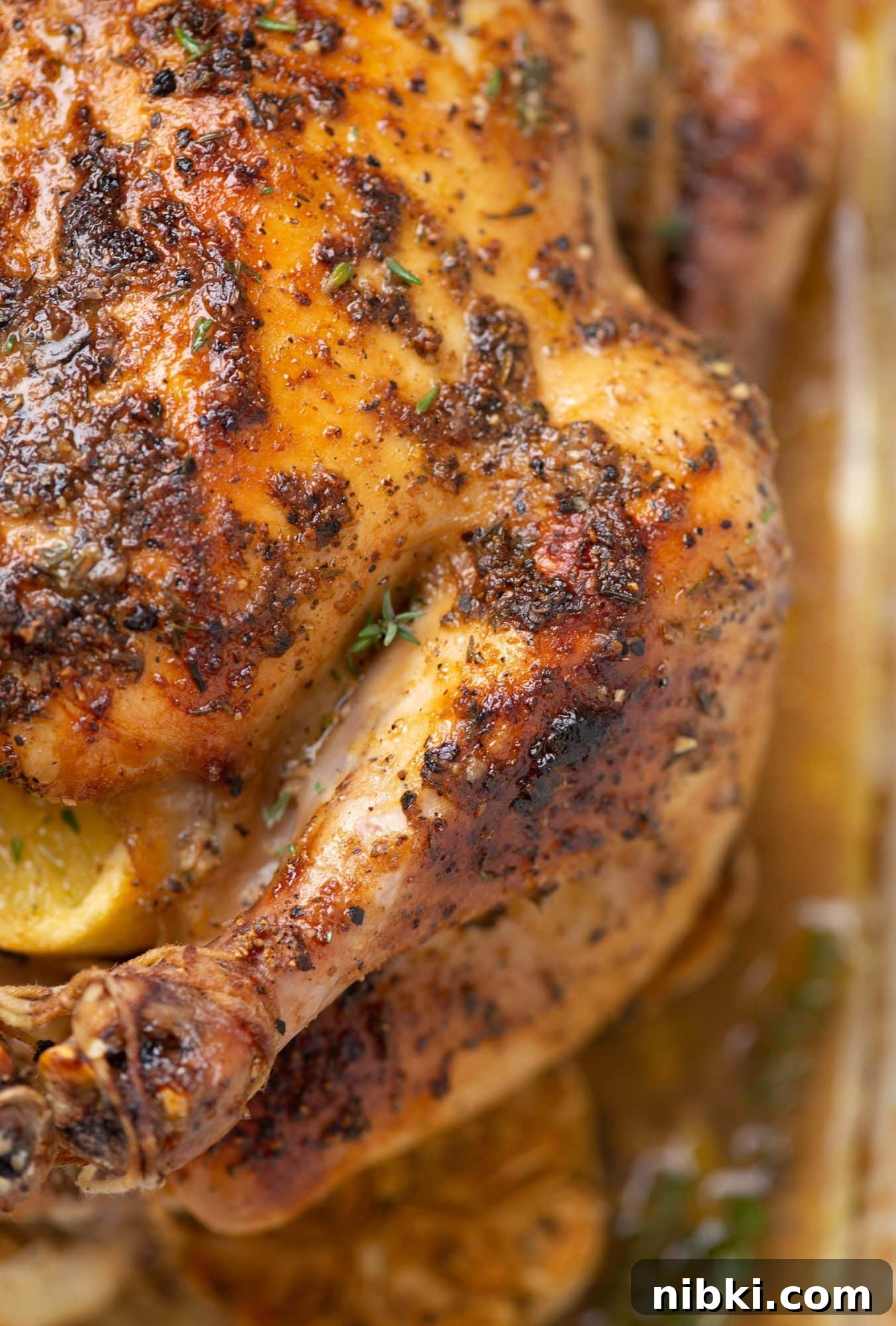 Close up of roast chicken Close up picture of perfectly roasted chicken leg with the skin looking crispy and delicious gravy around in the pan.