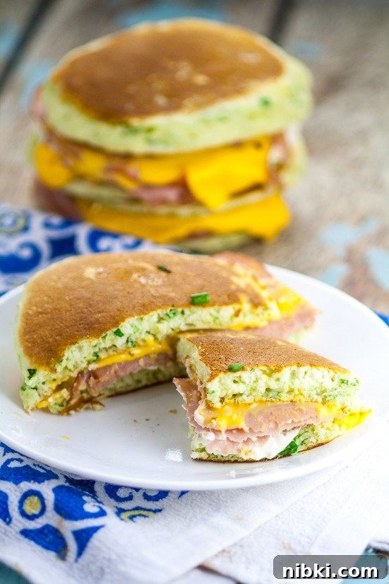 Chive Ham and Cheese Pancake Sandwiches - savory pancake sandwiches with chives, ham and melted cheese