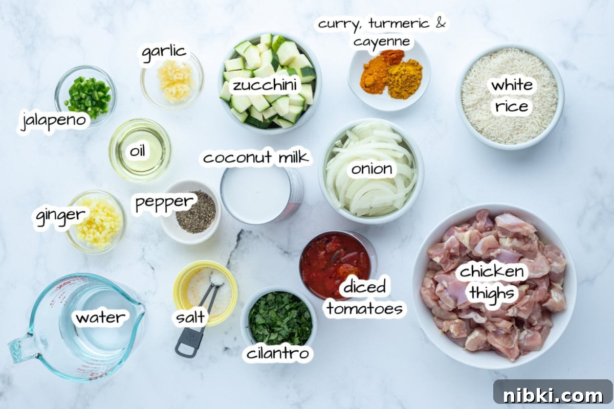 Chicken curry bowls with coconut rice, spiced chicken and a flavorful tomato mixture. Cozy, balanced and perfect for dinner! ingredients displayed for making chicken curry bowls