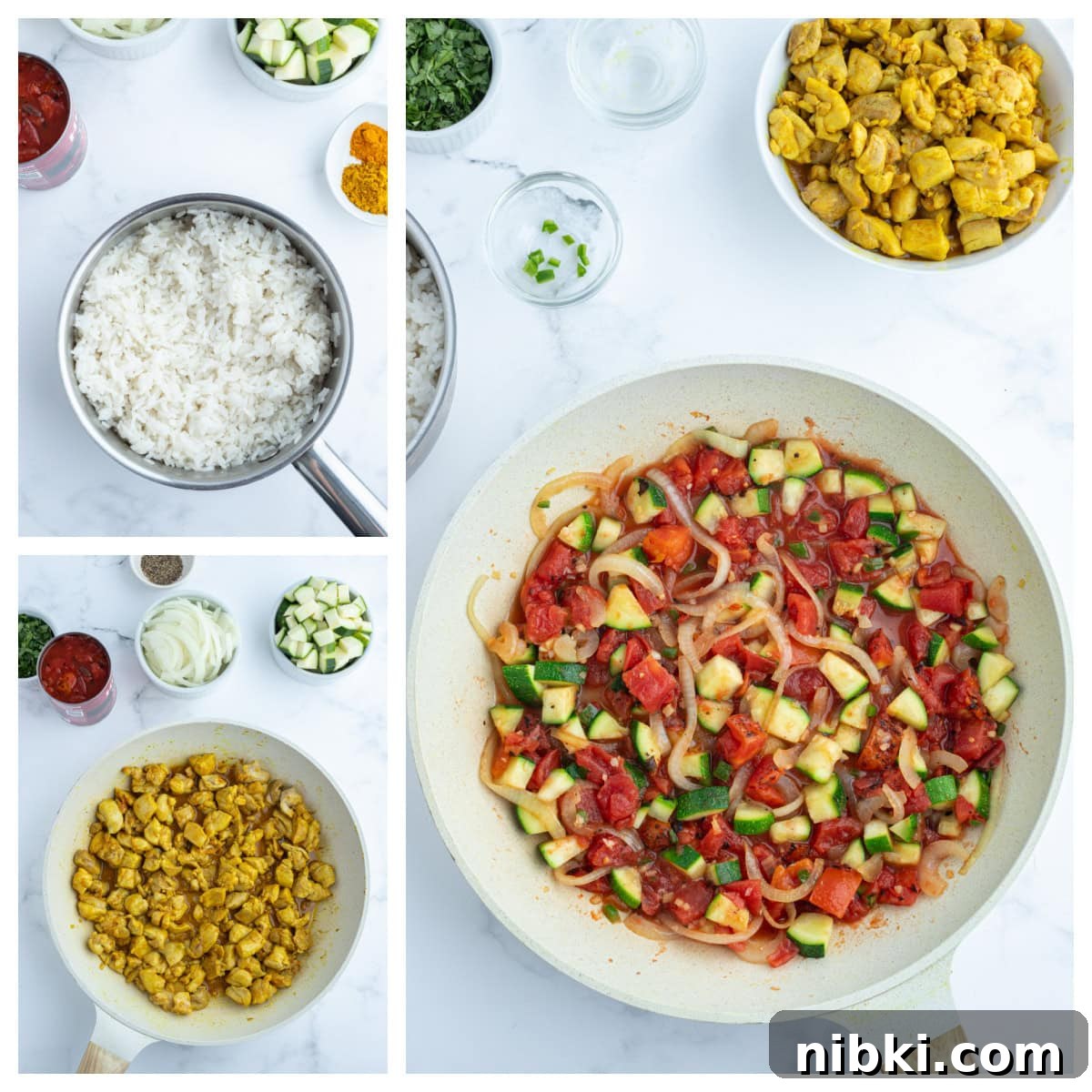 Chicken curry bowls with coconut rice, spiced chicken and a flavorful tomato mixture. Cozy, balanced and perfect for dinner! three photos showing how to make chicken curry bowls
