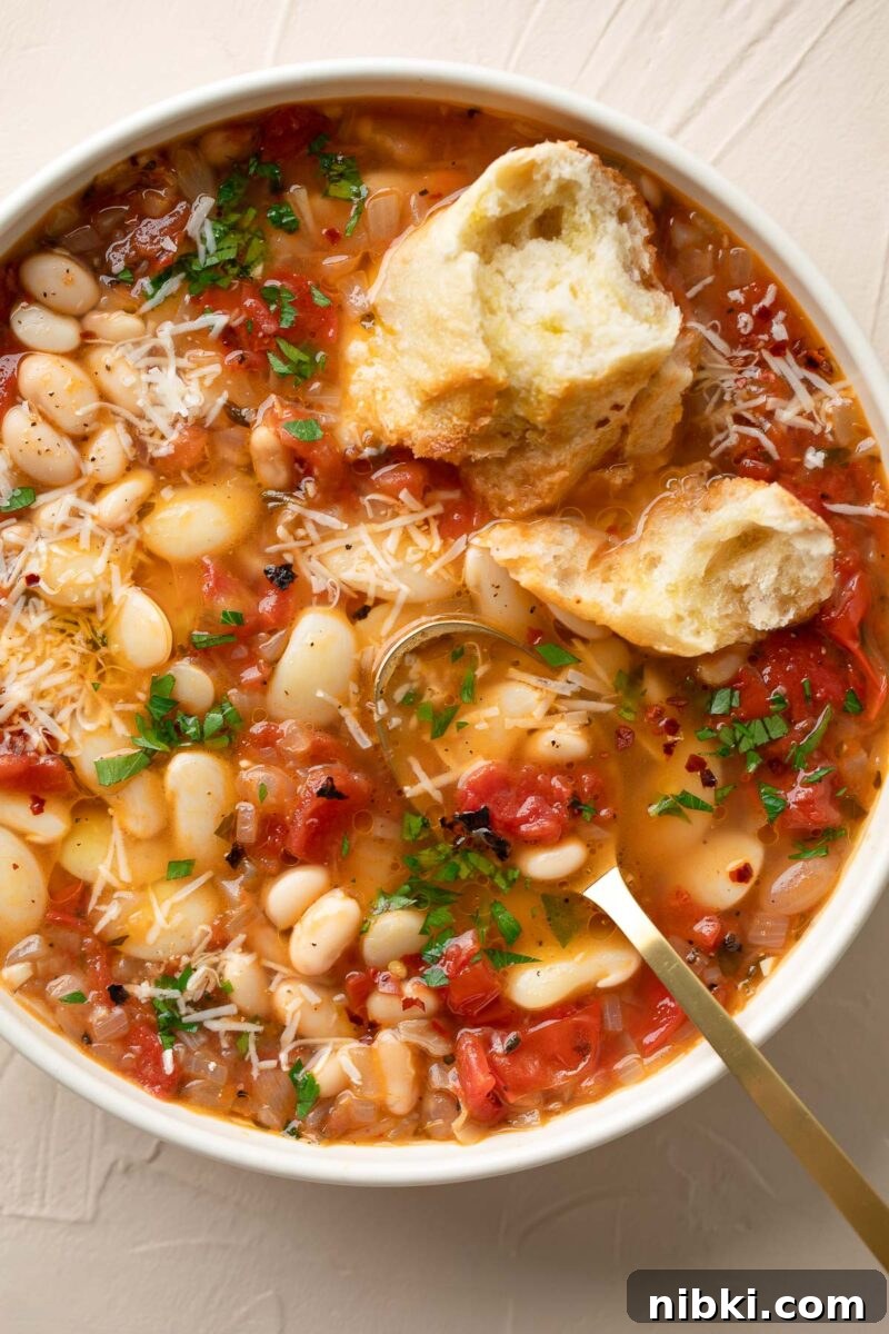 Soup with Tomatoes, Beans, Baguette and Parmesan