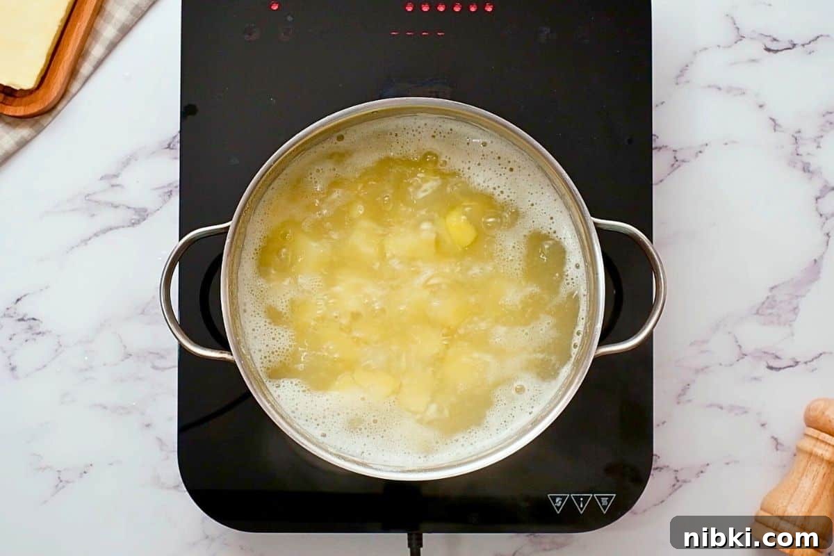 How to Make Homemade Mashed Potatoes Cubed yukon gold potatoes in gently simmering salted water.