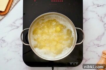 How to Make Perfect Creamy Homemade Mashed Potatoes 2 Cubed yukon gold potatoes in gently simmering salted water.
