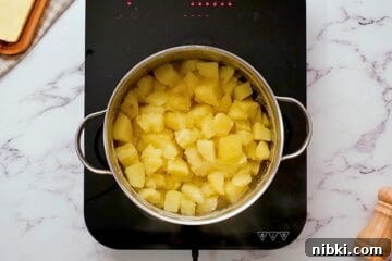 How to Make Perfect Creamy Homemade Mashed Potatoes 3 Cooked Yukon gold cubed potatoes in pan after being drained.