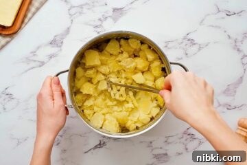 How to Make Perfect Creamy Homemade Mashed Potatoes 4 Handheld potato masher mashing cooked potatoes.