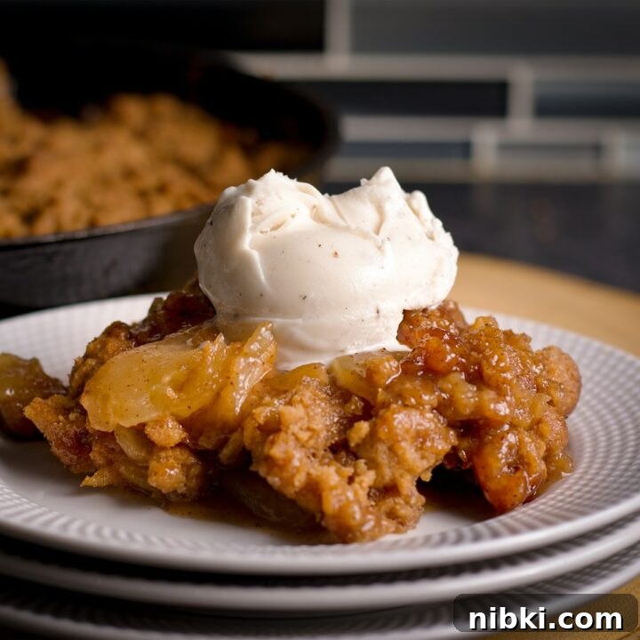 A serving of apple cobbler topped with vanilla ice cream on a white plate.