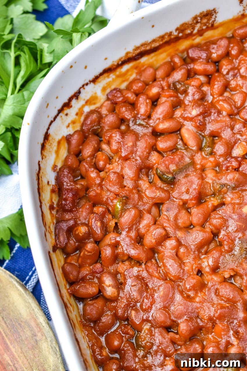 the best canned baked beans in a white baking dish