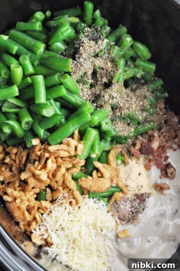 Creamy Slow Cooker Green Bean Casserole with Bacon 5 Step 2 add ingredients