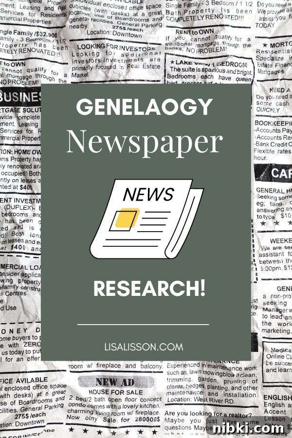 Old newspaper in background. Green square with white text reading Genealogy Newspaper Research