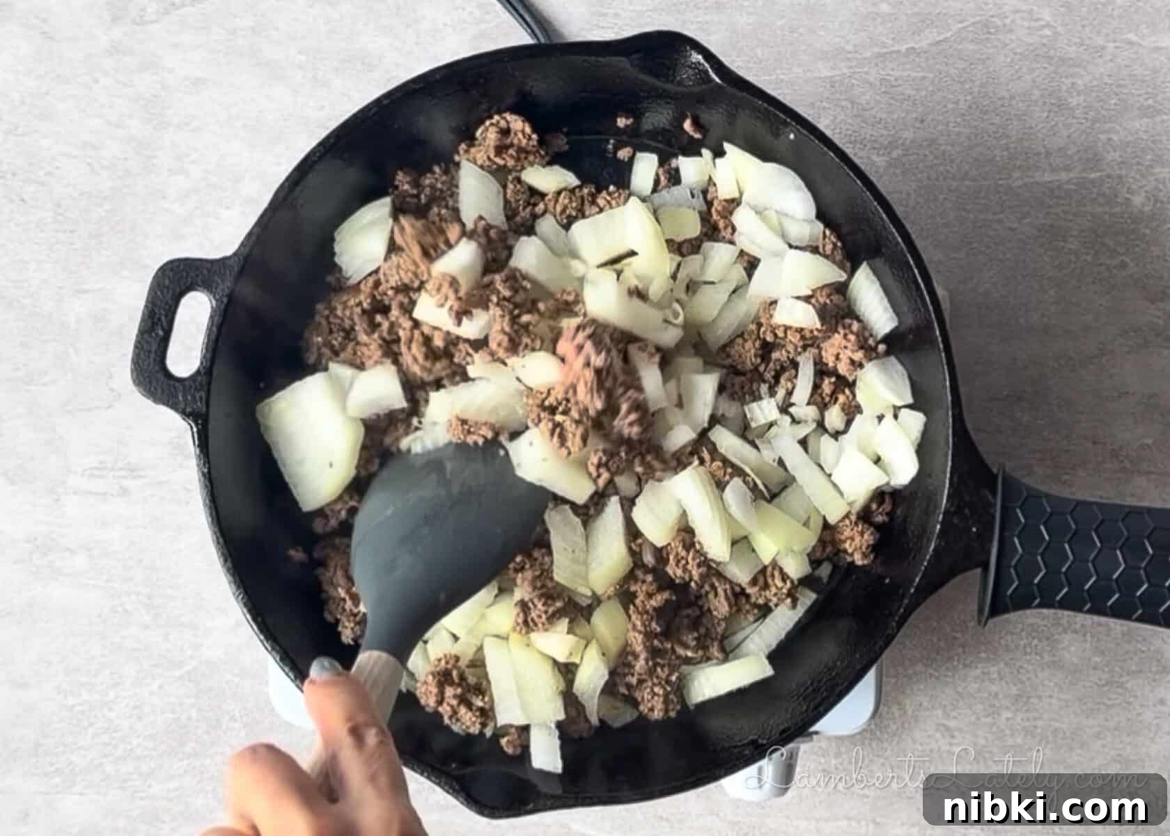 browning ground beef and onion in a cast iron skillet.