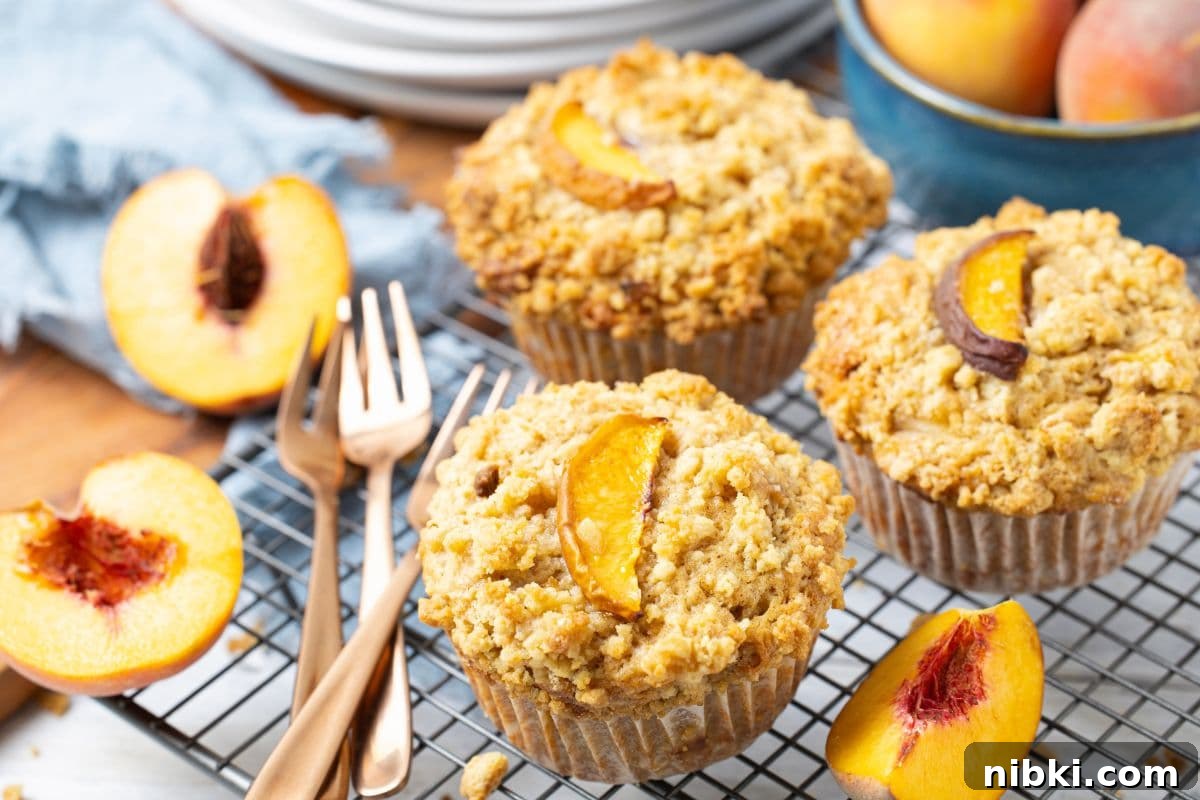 Sourdough Peach Cobbler Muffins Recipe 2 Fresh baked sourdough peach cobbler muffins on a wire rack with forks and cut fresh peaches.