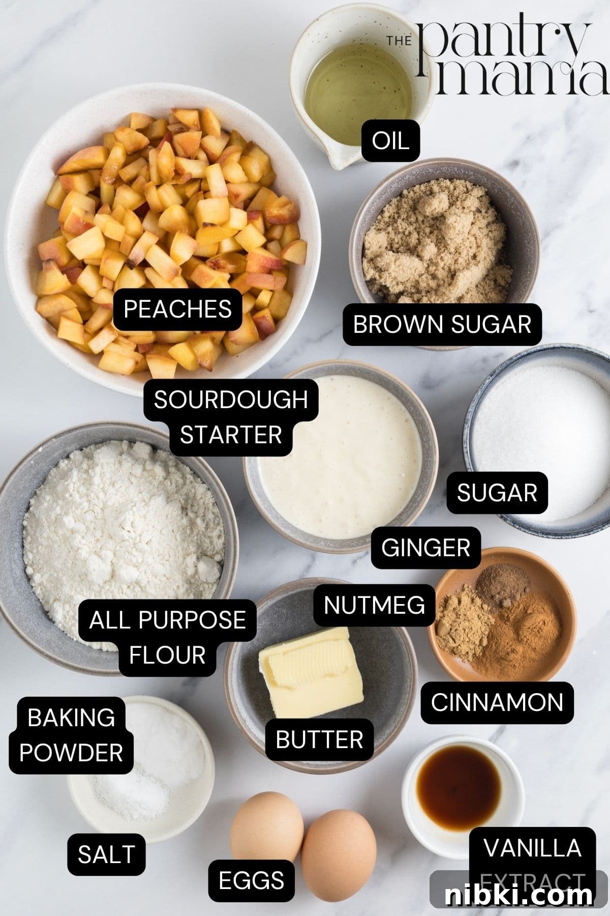 Sourdough Peach Cobbler Muffins Recipe 4 Labeled ingredients on the counter to make sourdough peach cobbler muffins.
