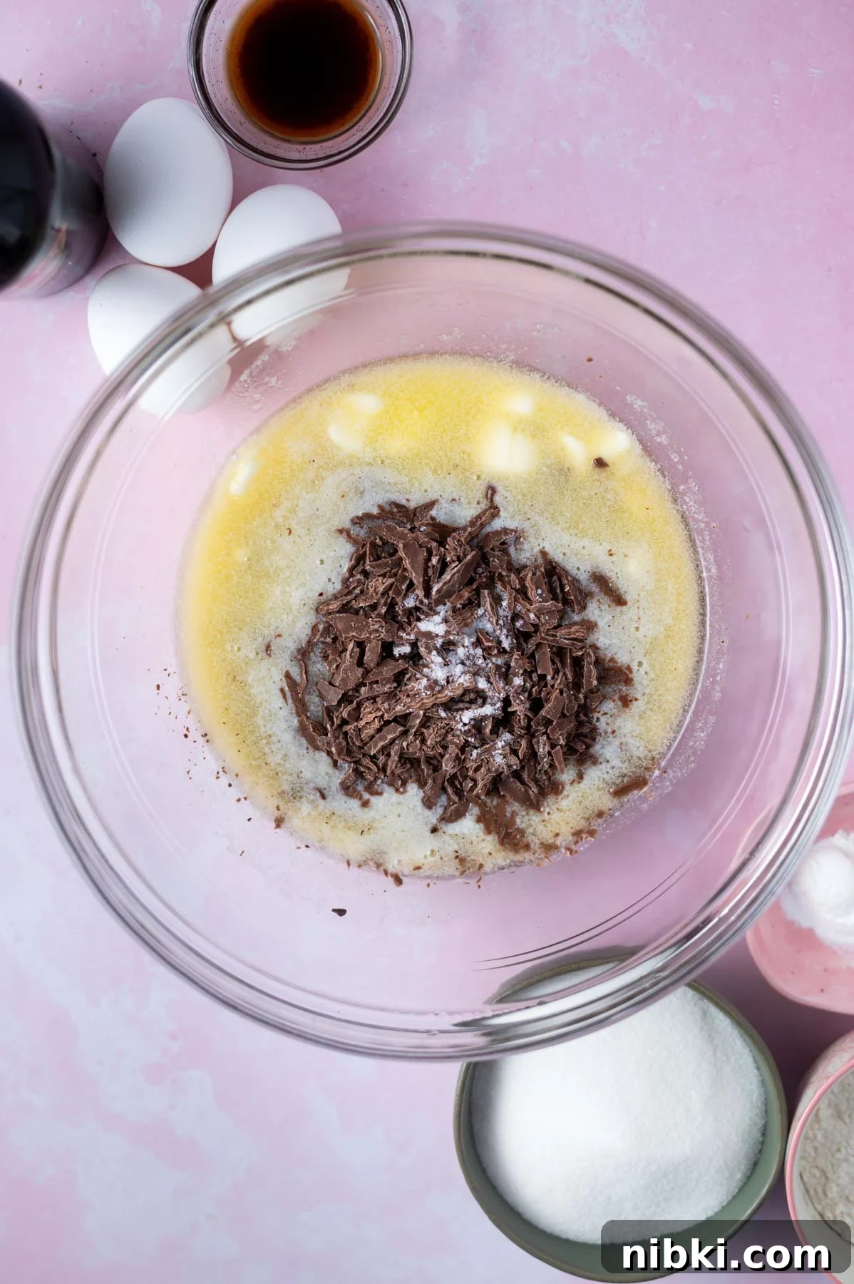 Fudgy Irish Cream Brownies Recipe 5 chopped chocolate added to melted butter in a glass bowl