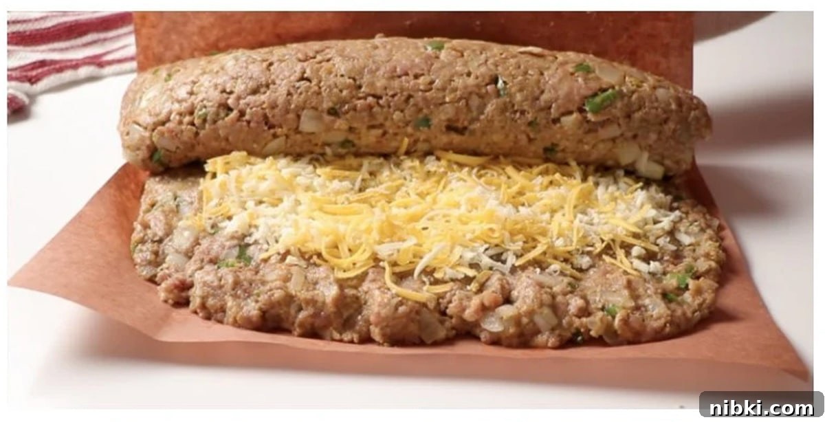 Smoked Meatloaf Recipe with Brown Sugar Glaze 10 Person using parchment paper to roll a stuffed meatloaf.