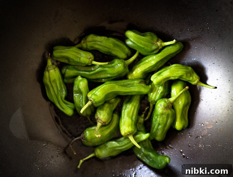How to Blister Shishito Peppers on the Stovetop 5 Blistered Shishito Peppers cooking in a wok