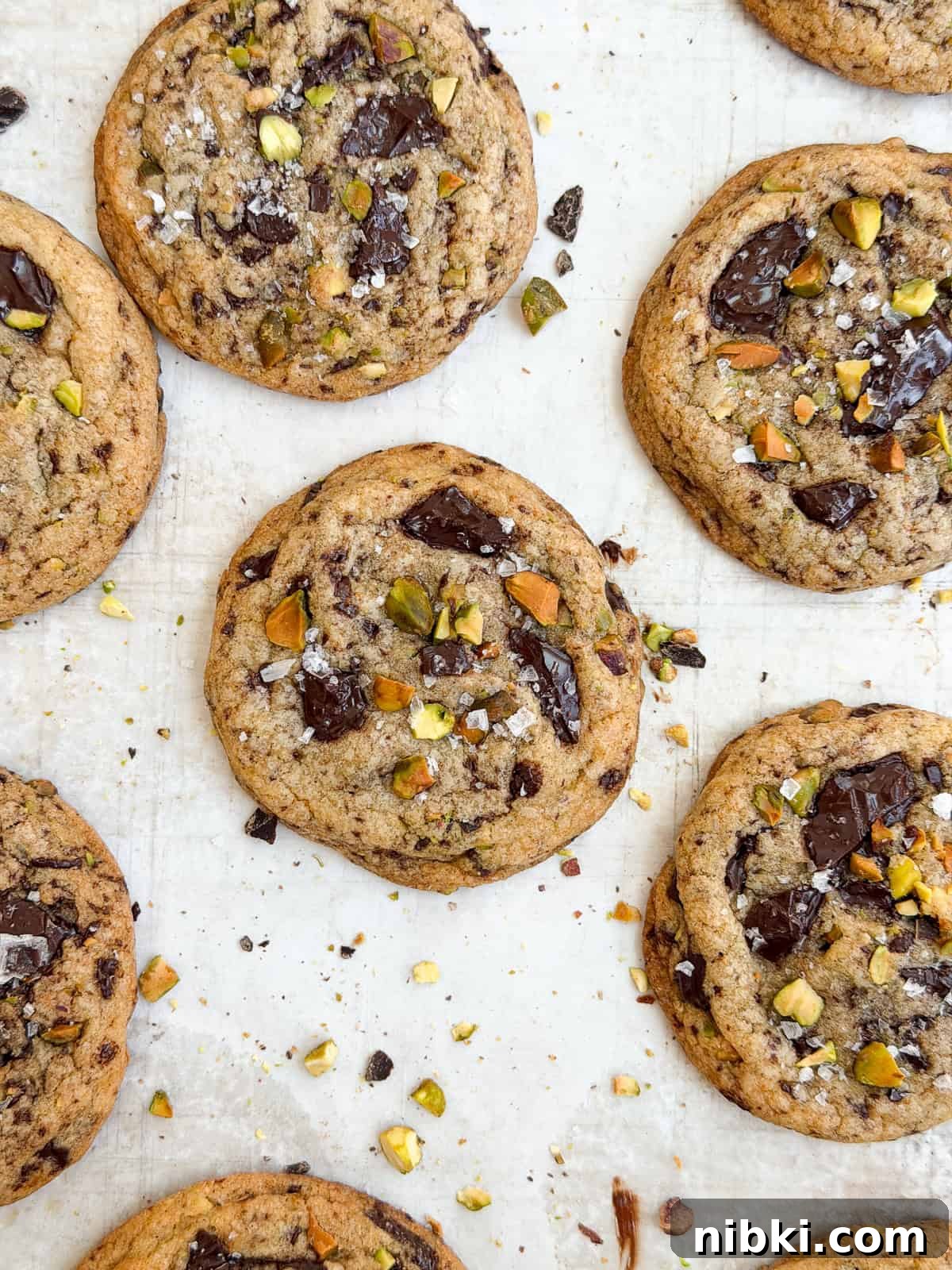 Chewy Pistachio Chocolate Chip Cookies Recipe 2 some of the pistachio chocolate chip cookies on a baking sheet.