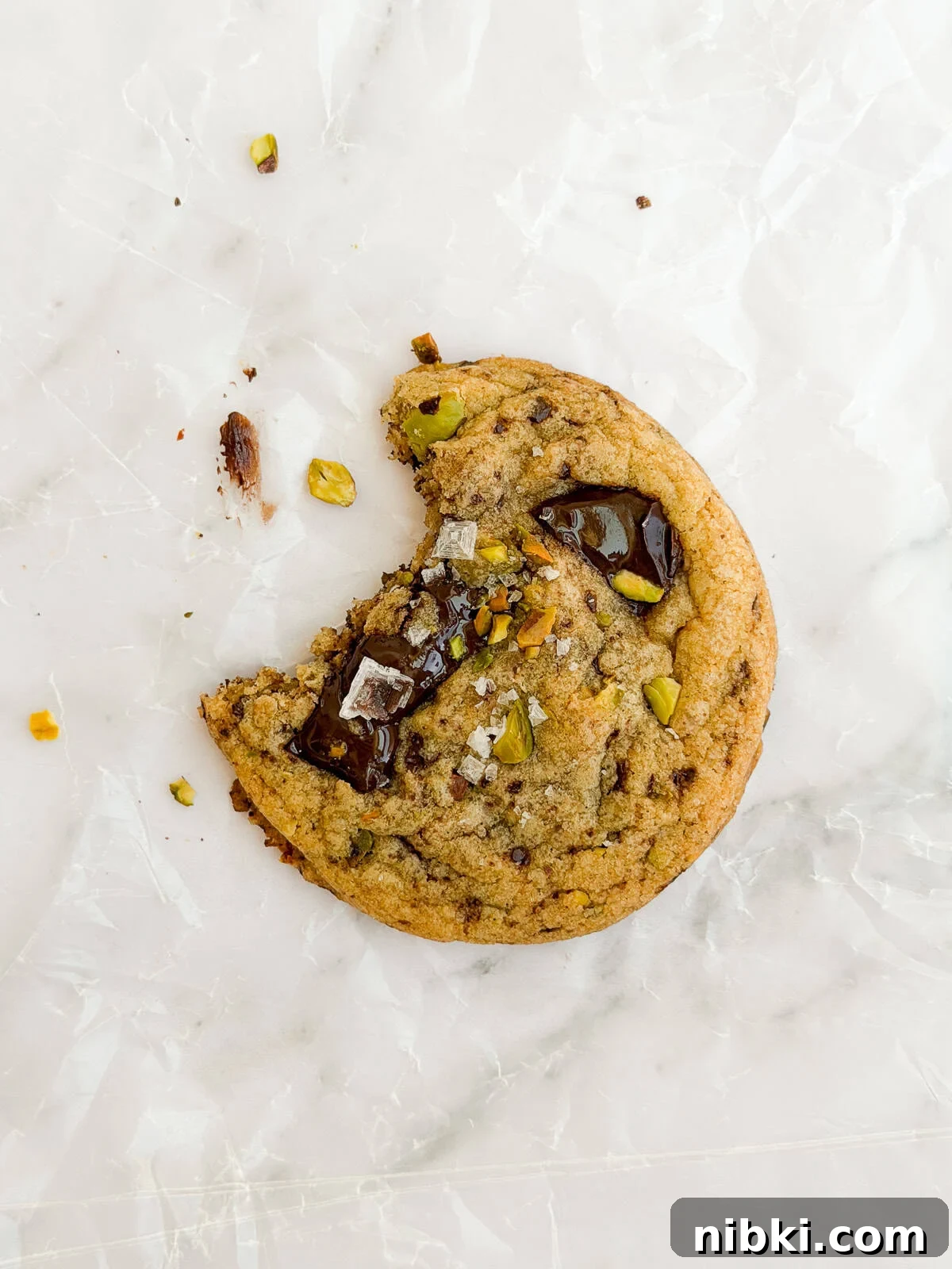 Chewy Pistachio Chocolate Chip Cookies Recipe 3 a close up of a single pistachio chocolate chip cookie with a bite missing.