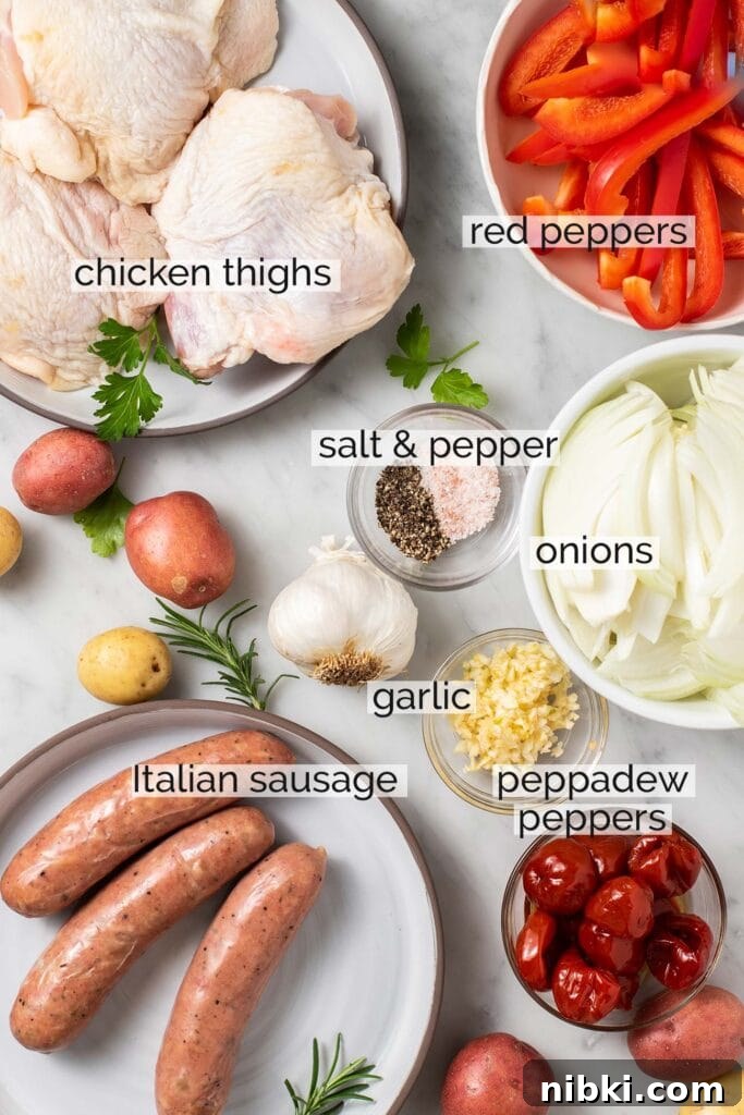 Italian Scarpariello Chicken with Peppers and Vinegar 3 The ingredients for this dish shown prepared to start cooking with labels.