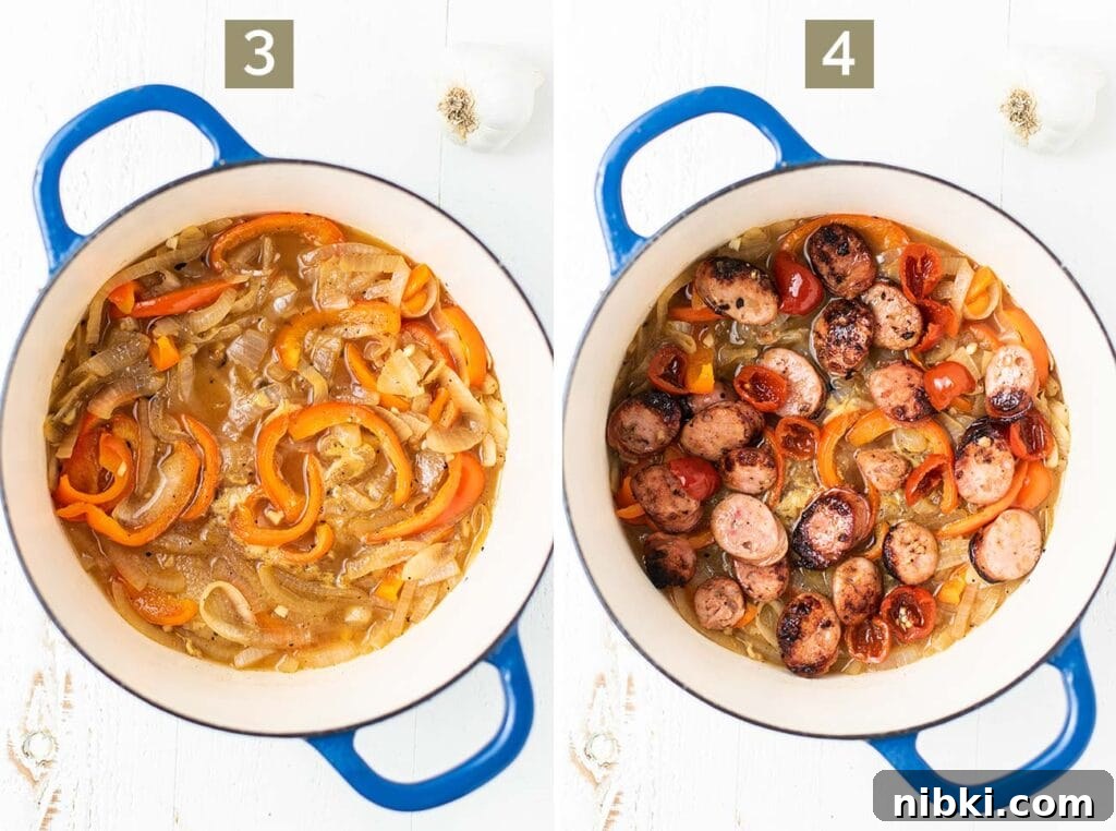 Italian Scarpariello Chicken with Peppers and Vinegar 6 Step 3 shows adding the wine and broth to the vegetables, and step 4 shows adding the sausage and sweet peppers.