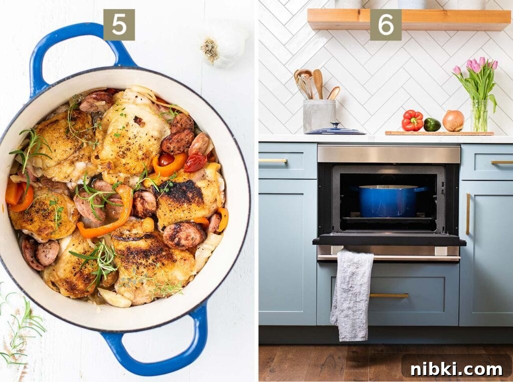 Italian Scarpariello Chicken with Peppers and Vinegar 7 Step 5 shows nesting the chicken thighs into the vegetables and sausage, and step 6 shows baking the dish to meld the flavors.