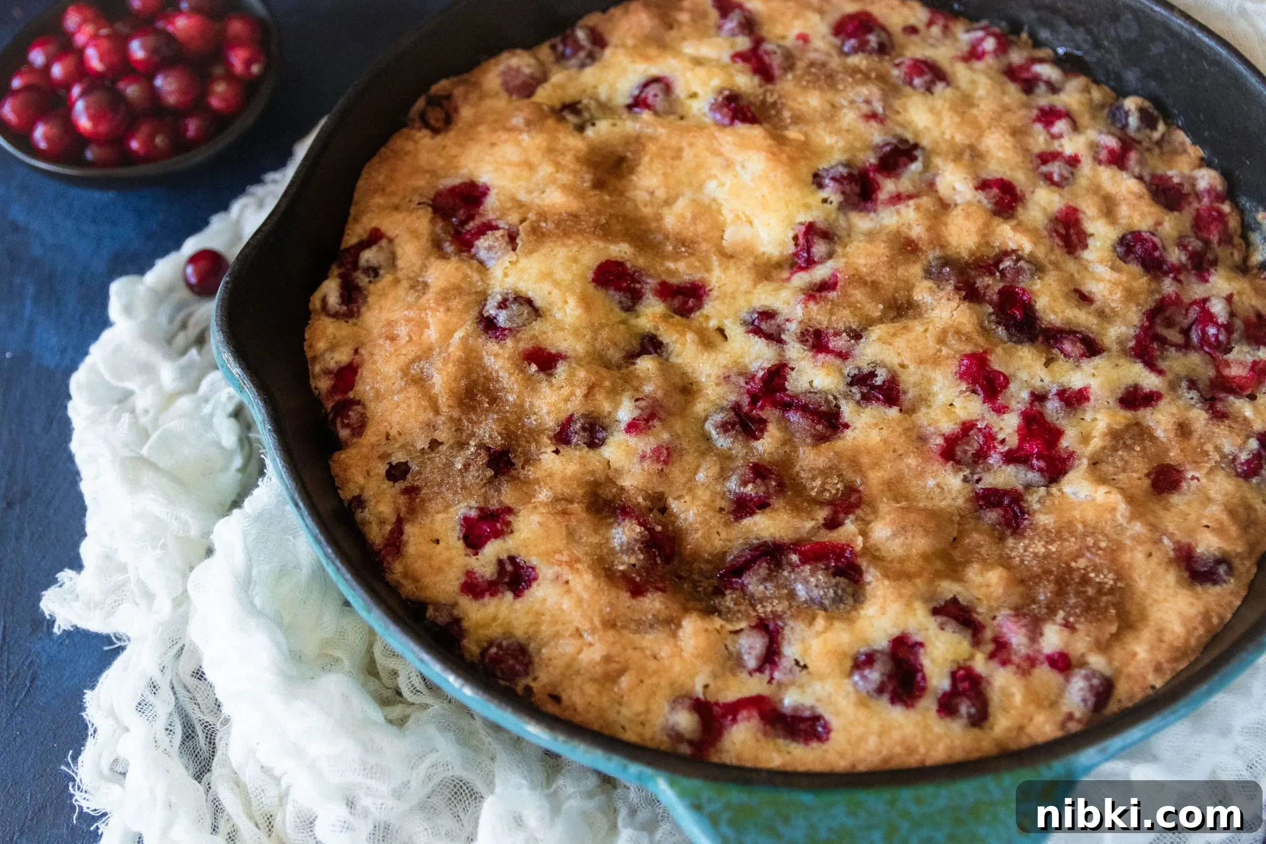 Fresh Cranberry Skillet Cake Recipe 2 angled picture of the fresh cranberry skillet cake in a blue enameled cast iron skillet sitting on a napkin