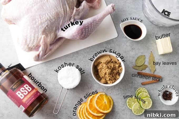 Traeger Smoked Turkey Brined with Brown Sugar and Bourbon 4 Ingredients needed for brown sugar bourbon Traeger turkey.
