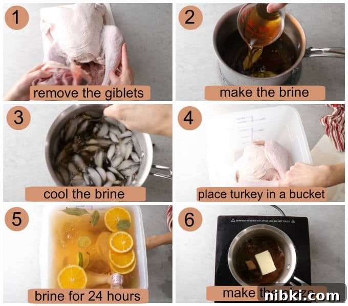 Traeger Smoked Turkey Brined with Brown Sugar and Bourbon 5 Process photos showing how to make a brown sugar bourbon brined turkey.