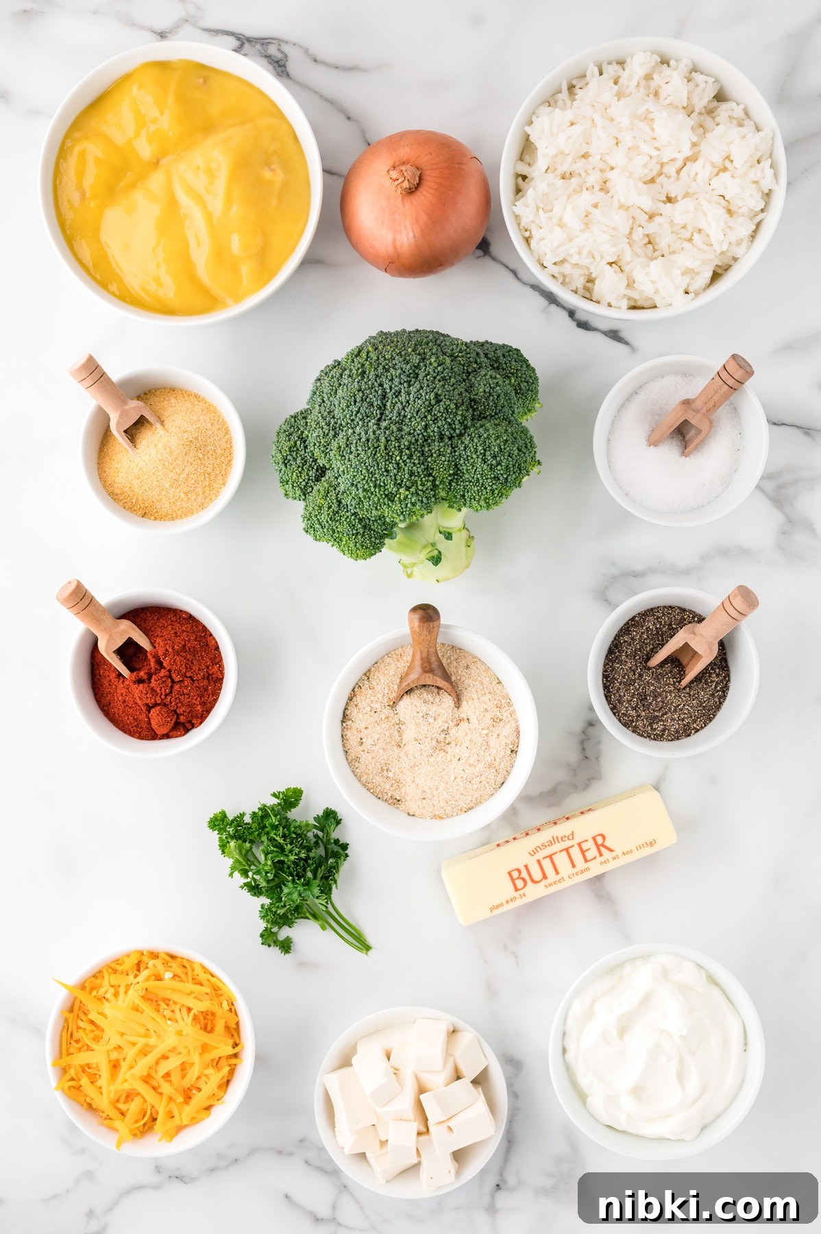Overhead view of ingredients needed for broccoli and rice casserole