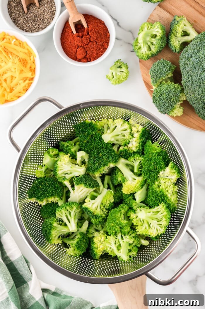 Steamed broccoli in a strainer