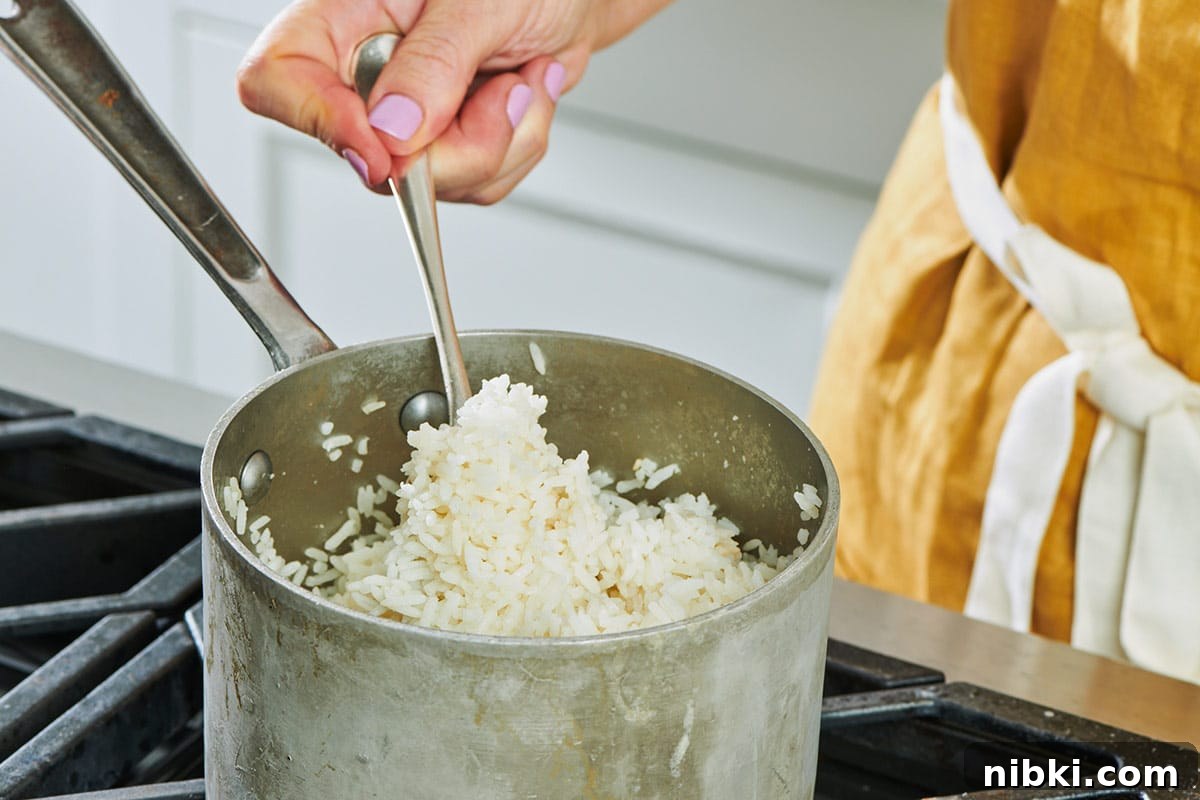 How to Reheat Rice Without Drying It Out 4 Stirring rice in pot on the stove.