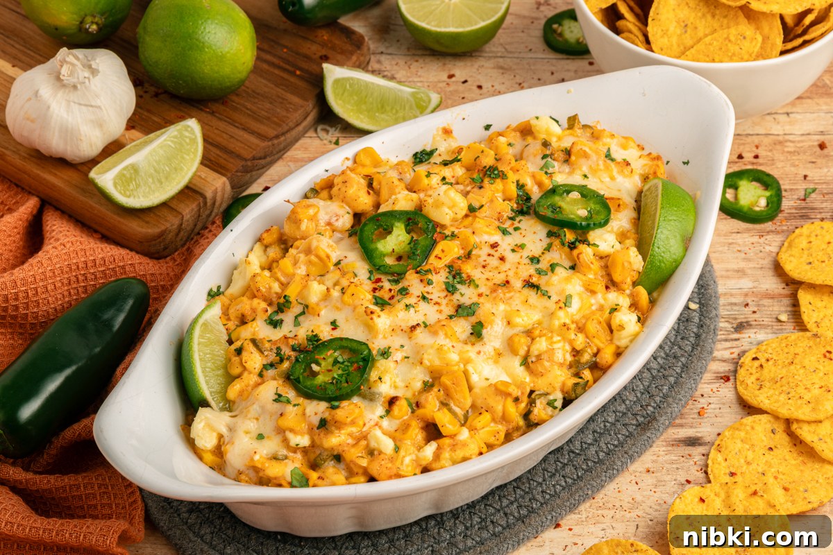 Creamy Mexican Street Corn Dip Recipe 6 Street corn dip in a white casserole dish, garnished with jalapeños, cilantro, and lime wedges, with fresh limes, jalapeños, and tortilla chips arranged around it.