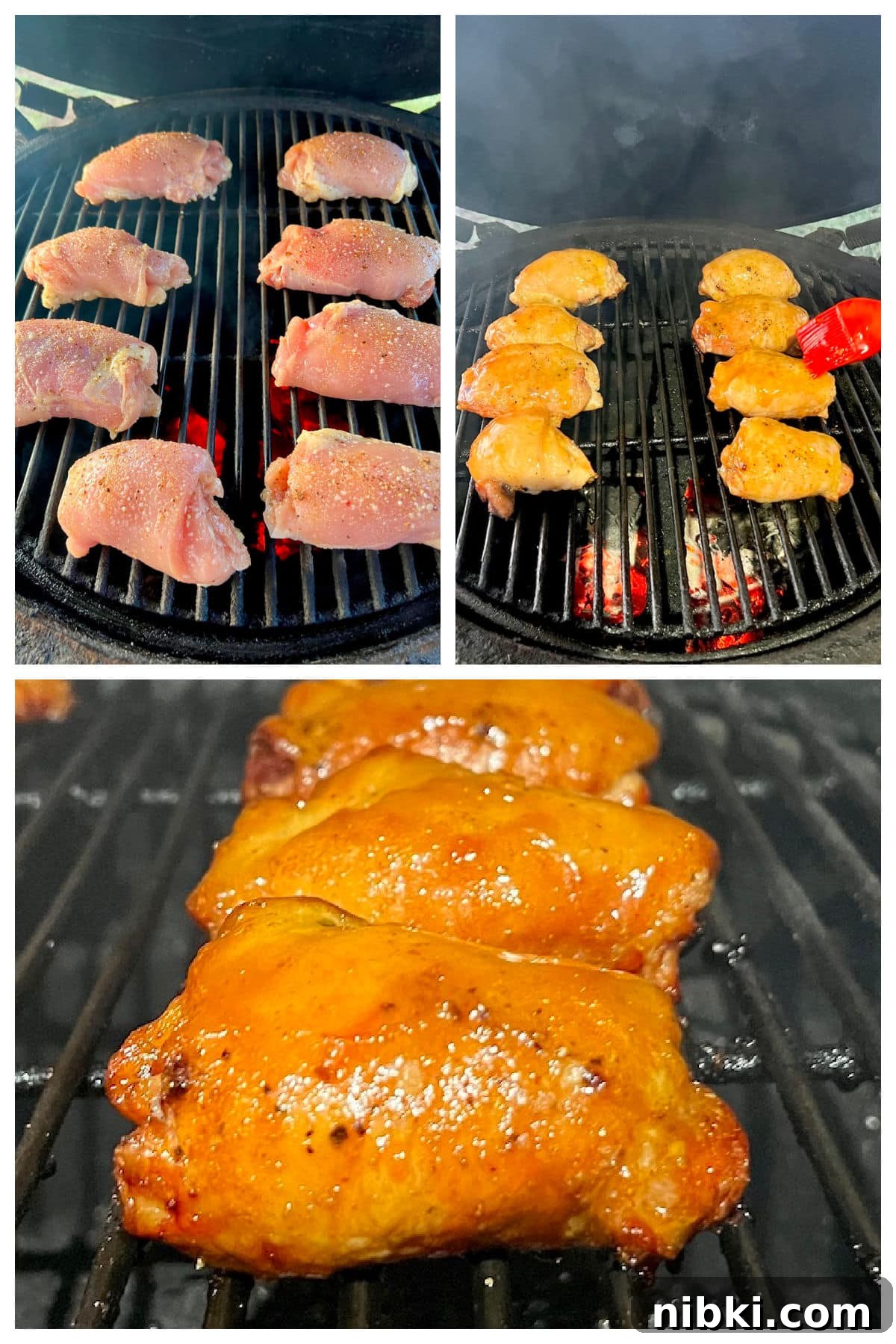 Collage: grilling chicken thighs, brushing with orange sauce.