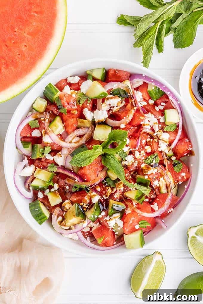 bowl of watermelon salad with feta