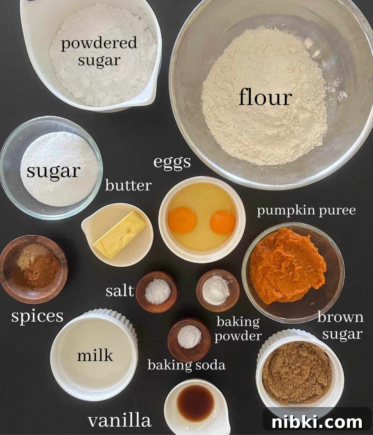 Ingredients for pumpkin spice donuts.