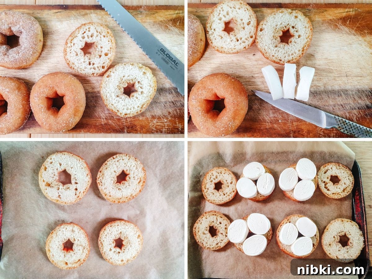 S'mores Donuts Recipe: Chocolate, Graham and Toasted Marshmallow 5 Process shots: slicing donuts in half, slicing marshmallows, grilling donuts to warm, adding sliced marshmallows before grilling.