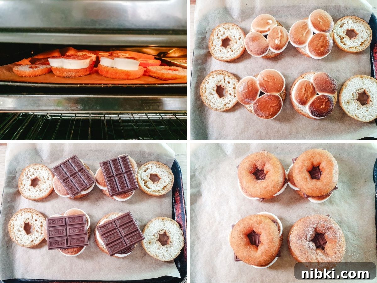 S'mores Donuts Recipe: Chocolate, Graham and Toasted Marshmallow 6 Process shots: grill sliced donuts with marshmallows, adding chocolate, adding lids.
