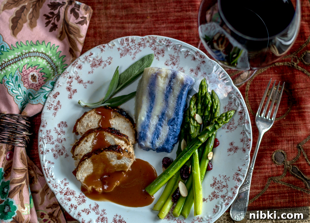 Thanksgiving 2021: Master Turkey, Gravy and Every Side 3 Roast Turkey with Marsala Gravy, Sautéed Asparagus with Cranberries and Almonds and Layered Purple & Ivory Mashed Potatoes