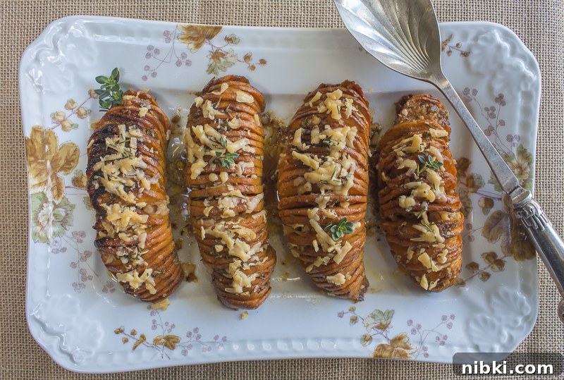Thanksgiving 2021: Master Turkey, Gravy and Every Side 6 Hasselback Sweet Potatoes with Aged Gouda – Maple Syrup Glaze