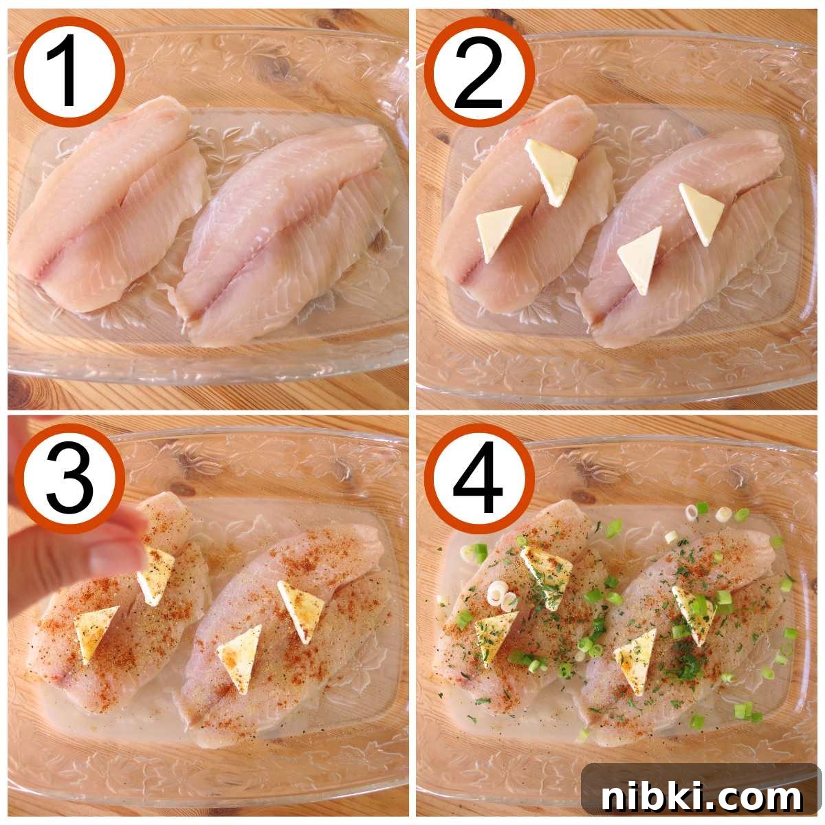 Collage of pictures to make lemon pepper tilapia 1) Tilapia filets in a baking dish, 2) Fish topped with butter taps and lemon juice, 3) Fingers sprinkling spices over the tilapia, 4) Green onions and parsley on the tilapia.