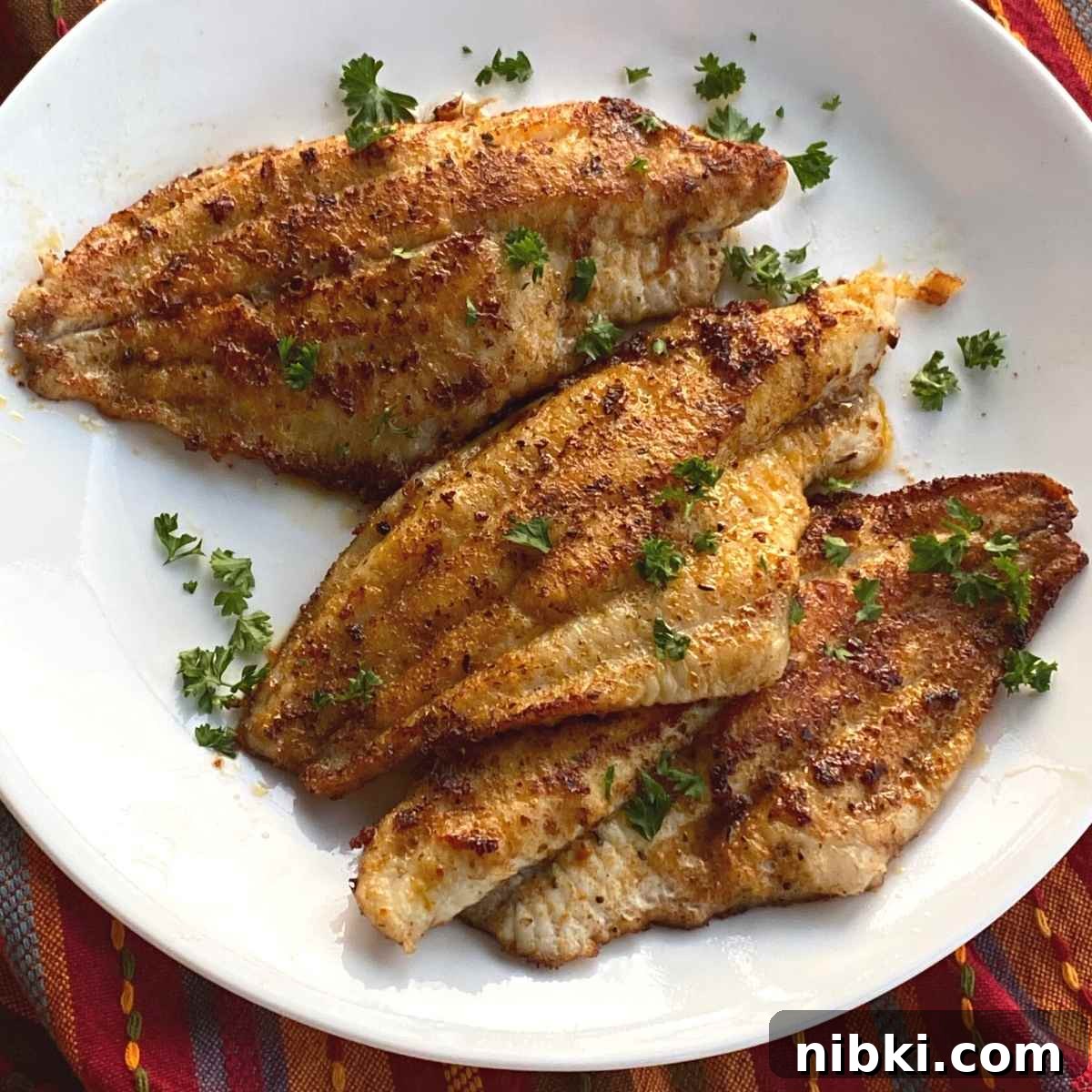 Three Cajun catfish fillets on a plate.