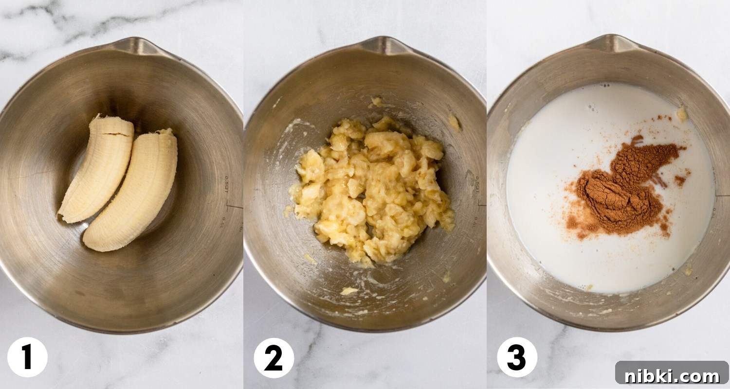 Banana mashed in bowl and milk and cinnamon added to bowl.