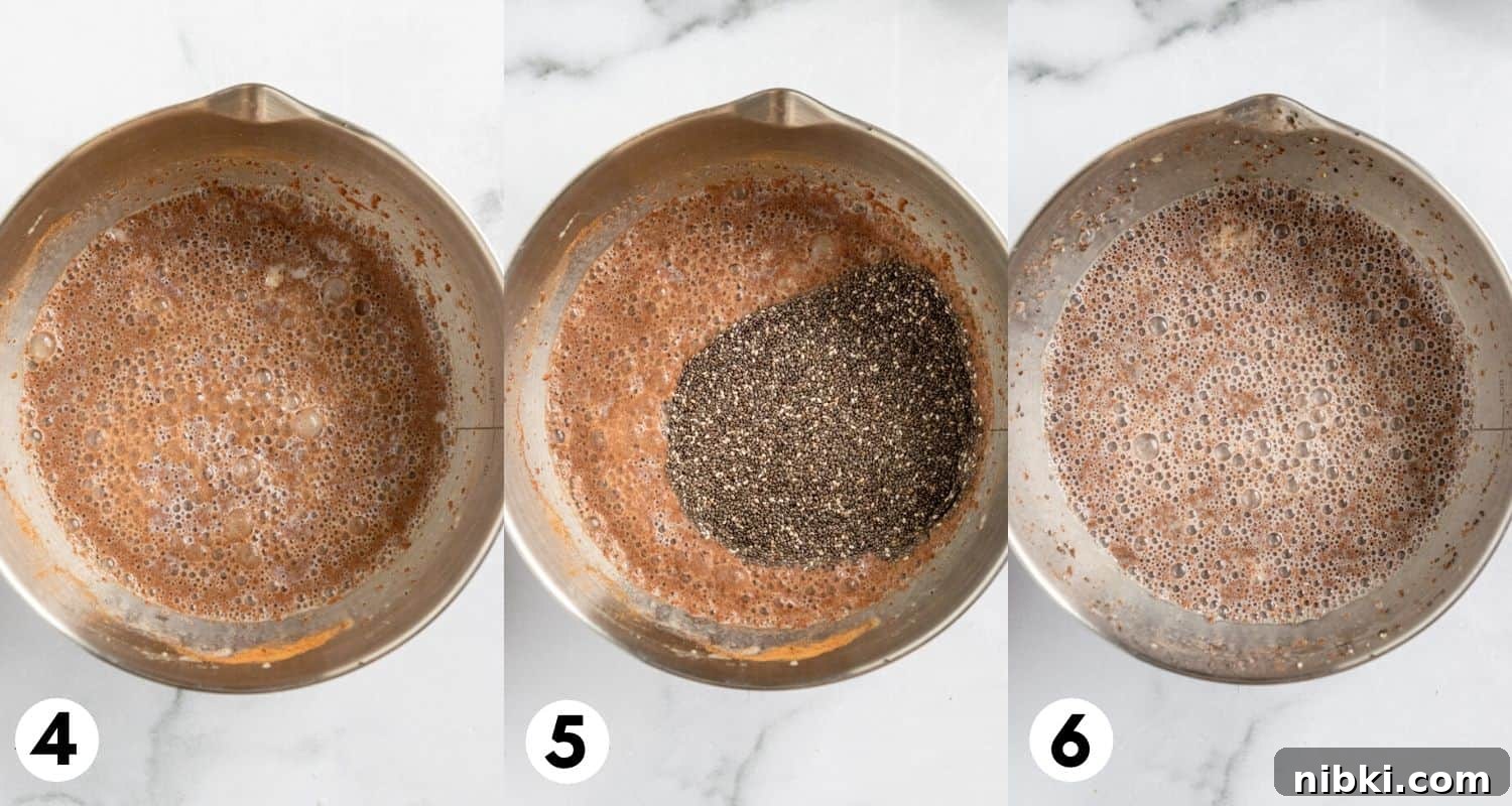 Chia seeds added to mixing bowl and stirred.