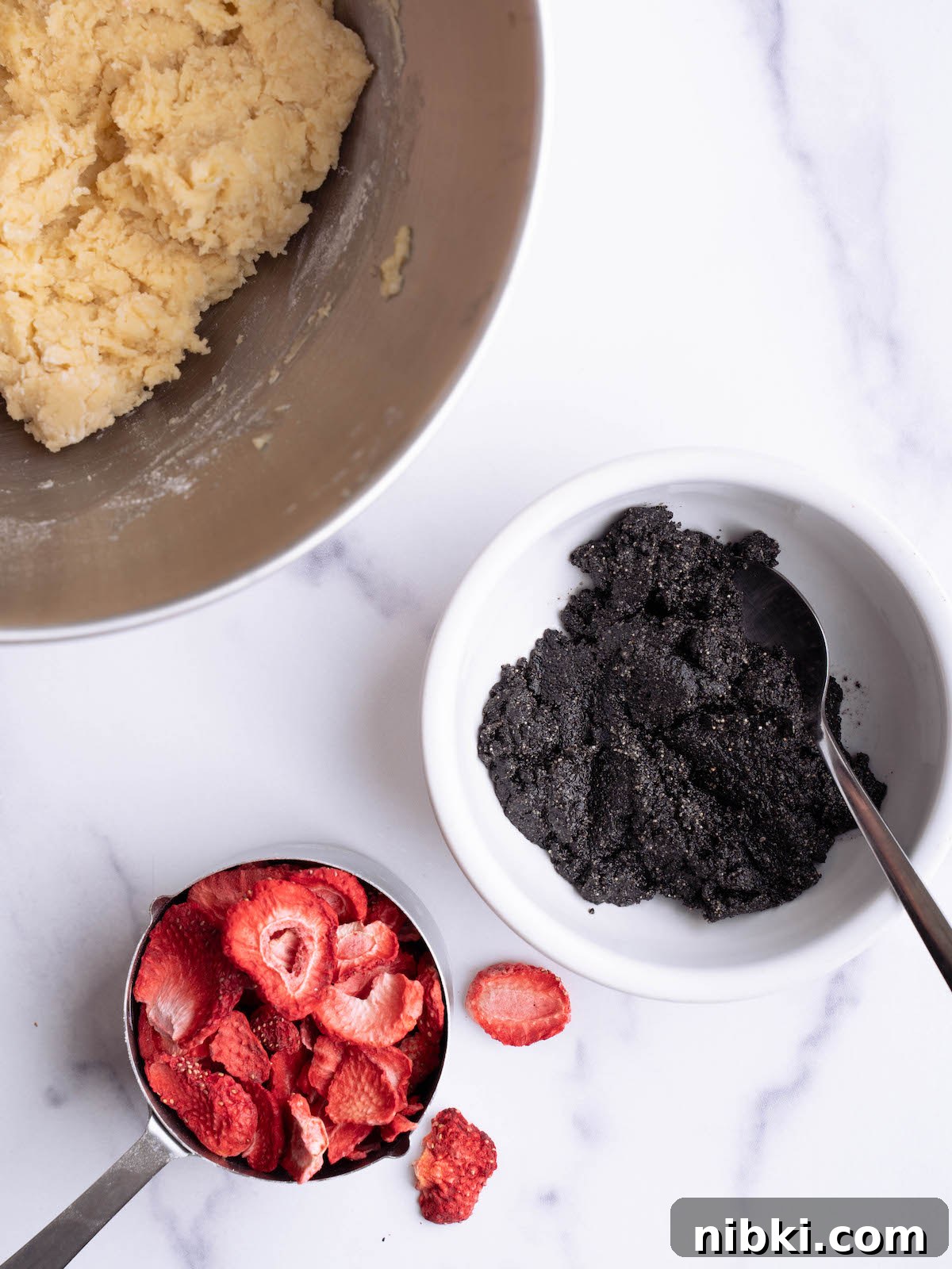 Strawberry and Black Sesame Cookie Recipe 2 Cookie dough, black sesame paste, and freeze dried strawberries