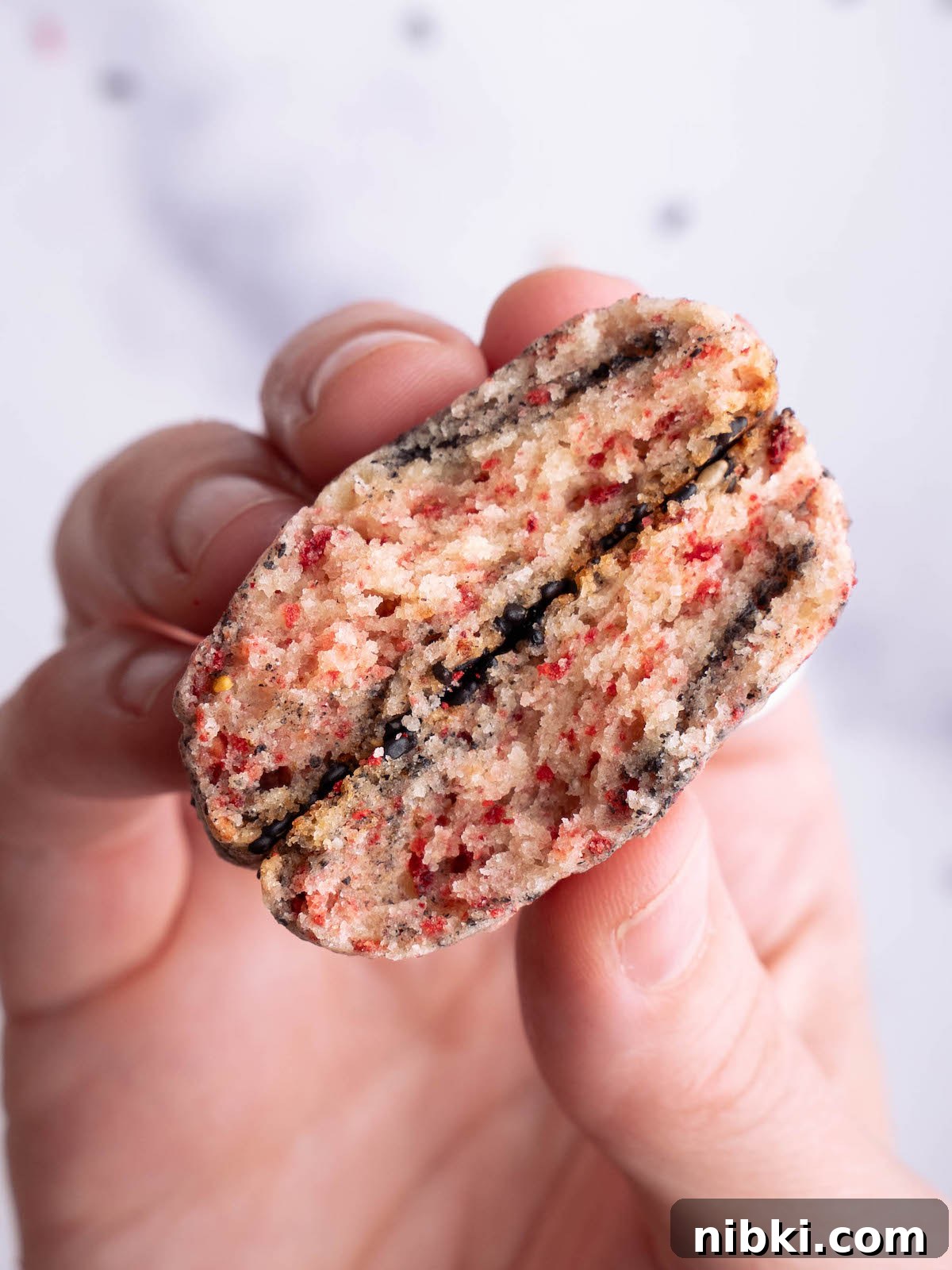 Strawberry and Black Sesame Cookie Recipe 6 A cookie broken in half to show swirl inside