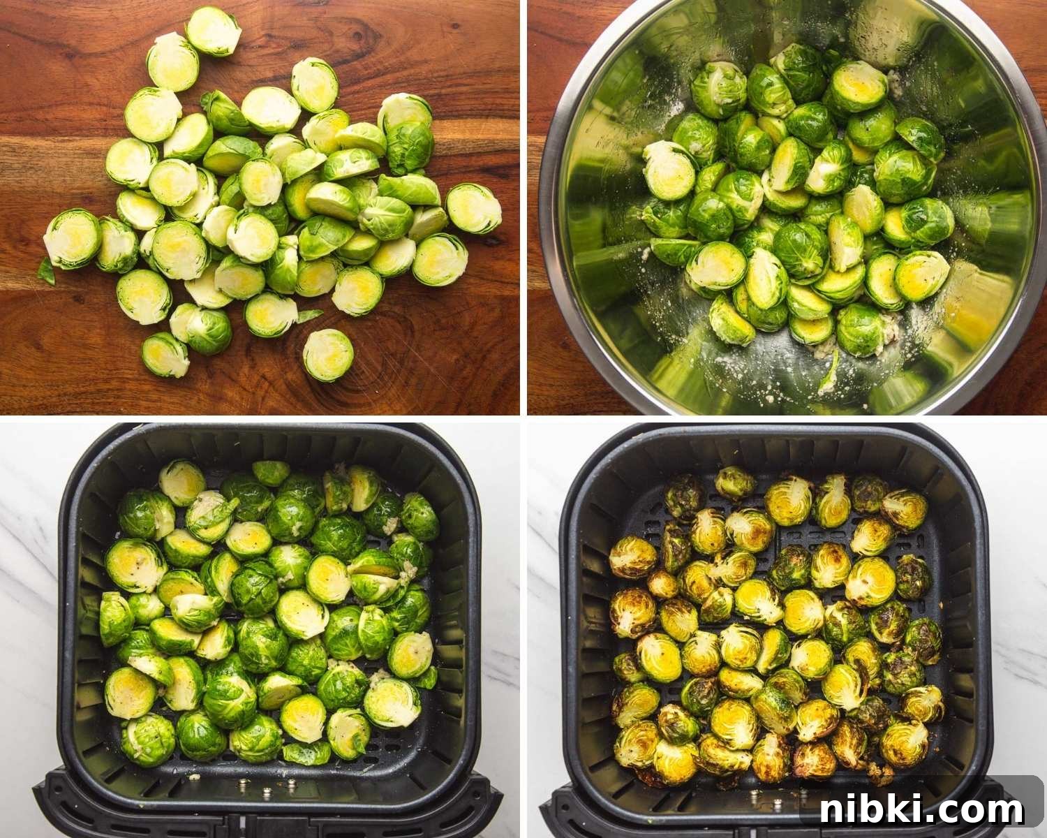 Crispy Air Fryer Brussels Sprouts with Garlic Parmesan 4 Collage of four images showing how to air fry brussels sprouts