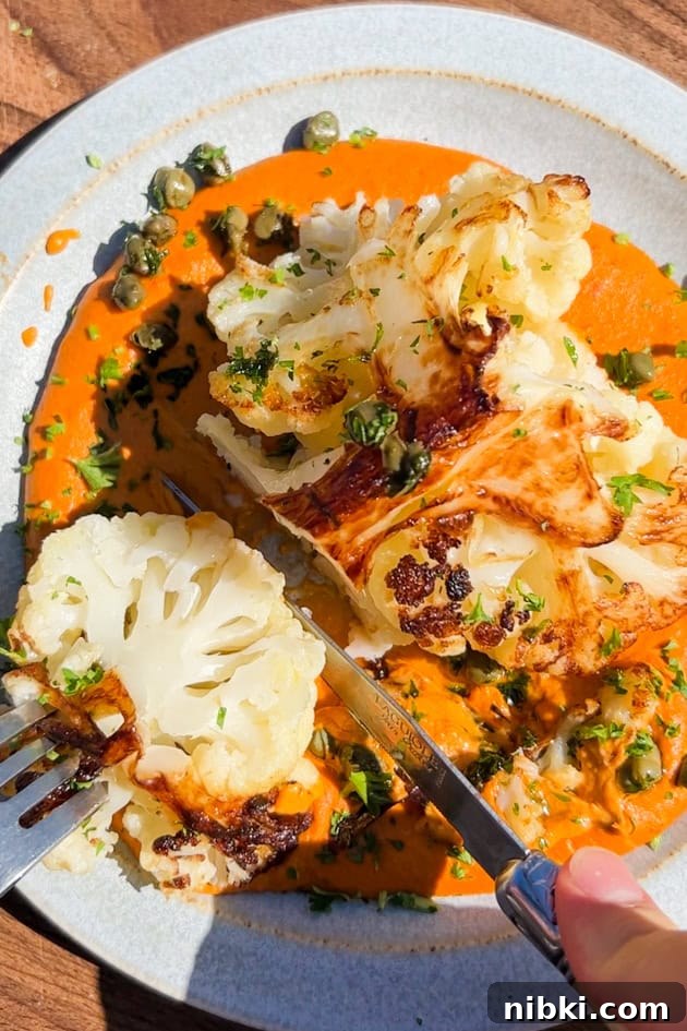 Cauliflower Steaks with Romesco Sauce and Lemon Caper Butter